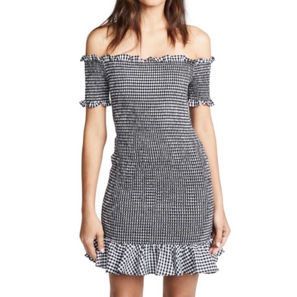 Wayf Black and White Gingham Off-Shoulder Mini Dress